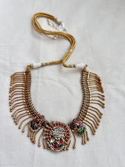 Gold polish kundan, ruby and emerald necklace with pearls-Silver Neckpiece-CI-House of Taamara