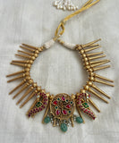Gold polish kundan, ruby and emerald peacock spiked necklace-Silver Neckpiece-CI-House of Taamara
