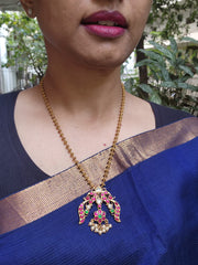 Gold polish kundan, ruby and emerald pendant chain-Silver Neckpiece-CI-House of Taamara