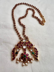 Gold polish kundan, ruby and emerald pendant chain-Silver Neckpiece-CI-House of Taamara