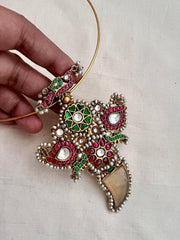 Gold polish kundan, ruby and emerald pendant hasli with pearls-Silver Neckpiece-CI-House of Taamara