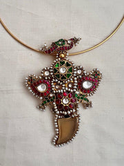 Gold polish kundan, ruby and emerald pendant hasli with pearls-Silver Neckpiece-CI-House of Taamara
