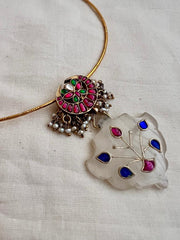 Gold polish kundan, ruby and emerald pendant hasli with pearls-Silver Neckpiece-CI-House of Taamara