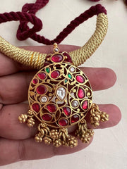 Gold polish kundan, ruby and emerald pendant thread necklace-Silver Neckpiece-CI-House of Taamara