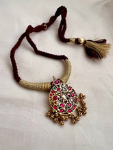 Gold polish kundan, ruby and emerald pendant thread necklace-Silver Neckpiece-CI-House of Taamara