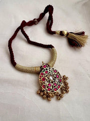 Gold polish kundan, ruby and emerald pendant thread necklace-Silver Neckpiece-CI-House of Taamara