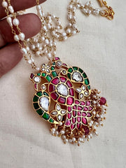 Gold polish kundan, ruby and emerald pendant with pearl chain-Silver Neckpiece-CI-House of Taamara