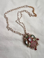 Gold polish kundan, ruby and emerald pendant with pearl chain-Silver Neckpiece-CI-House of Taamara