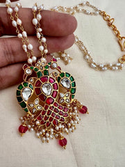 Gold polish kundan, ruby and emerald pendant with pearl chain-Silver Neckpiece-CI-House of Taamara