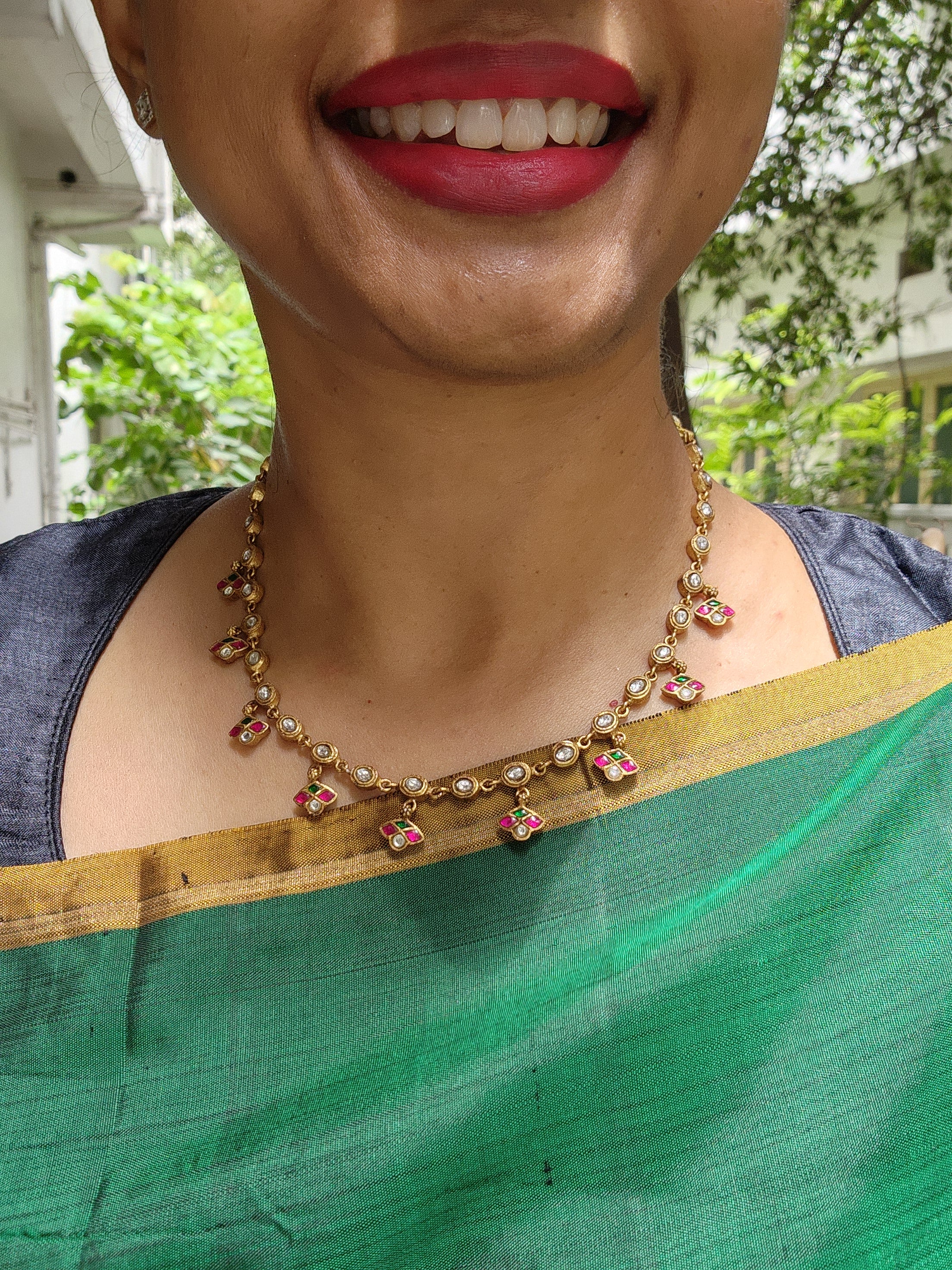 Gold polish kundan, ruby and emerald single line necklace-Silver Neckpiece-CI-House of Taamara