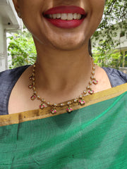 Gold polish kundan, ruby and emerald single line necklace-Silver Neckpiece-CI-House of Taamara
