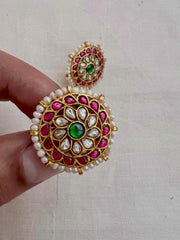 Gold polish kundan, ruby and emerald studs with pearls-Earrings-CI-House of Taamara