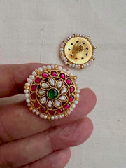 Gold polish kundan, ruby and emerald studs with pearls-Earrings-CI-House of Taamara
