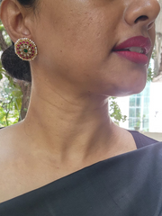 Gold polish kundan, ruby and emerald studs with pearls-Earrings-CI-House of Taamara
