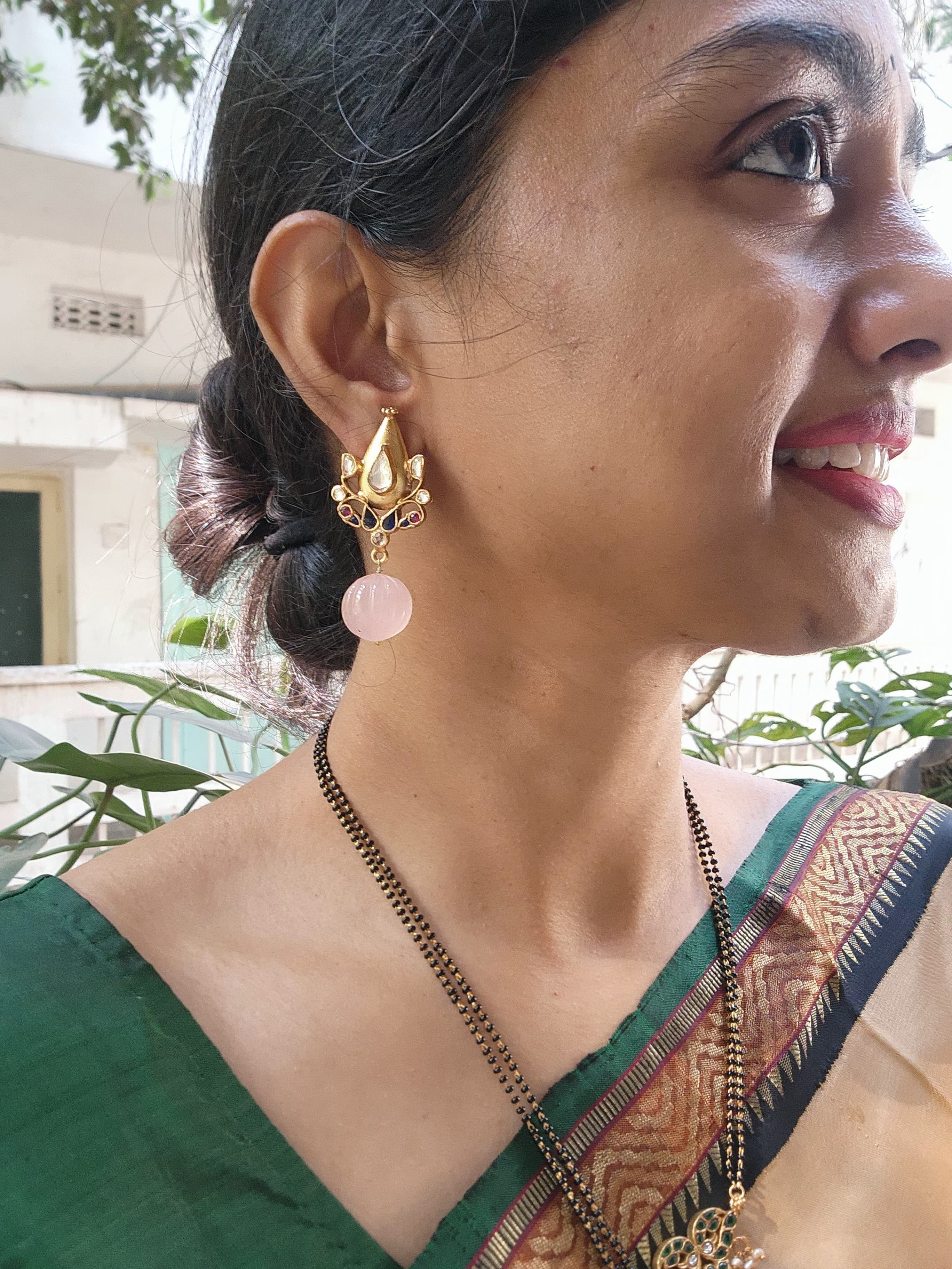 Gold polish kundan, ruby & blue stone earrings with rose quartz drop-Earrings-CI-House of Taamara