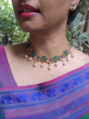 Gold polish kundan, ruby & carved green onyx stone necklace with pearls-Silver Neckpiece-CI-House of Taamara