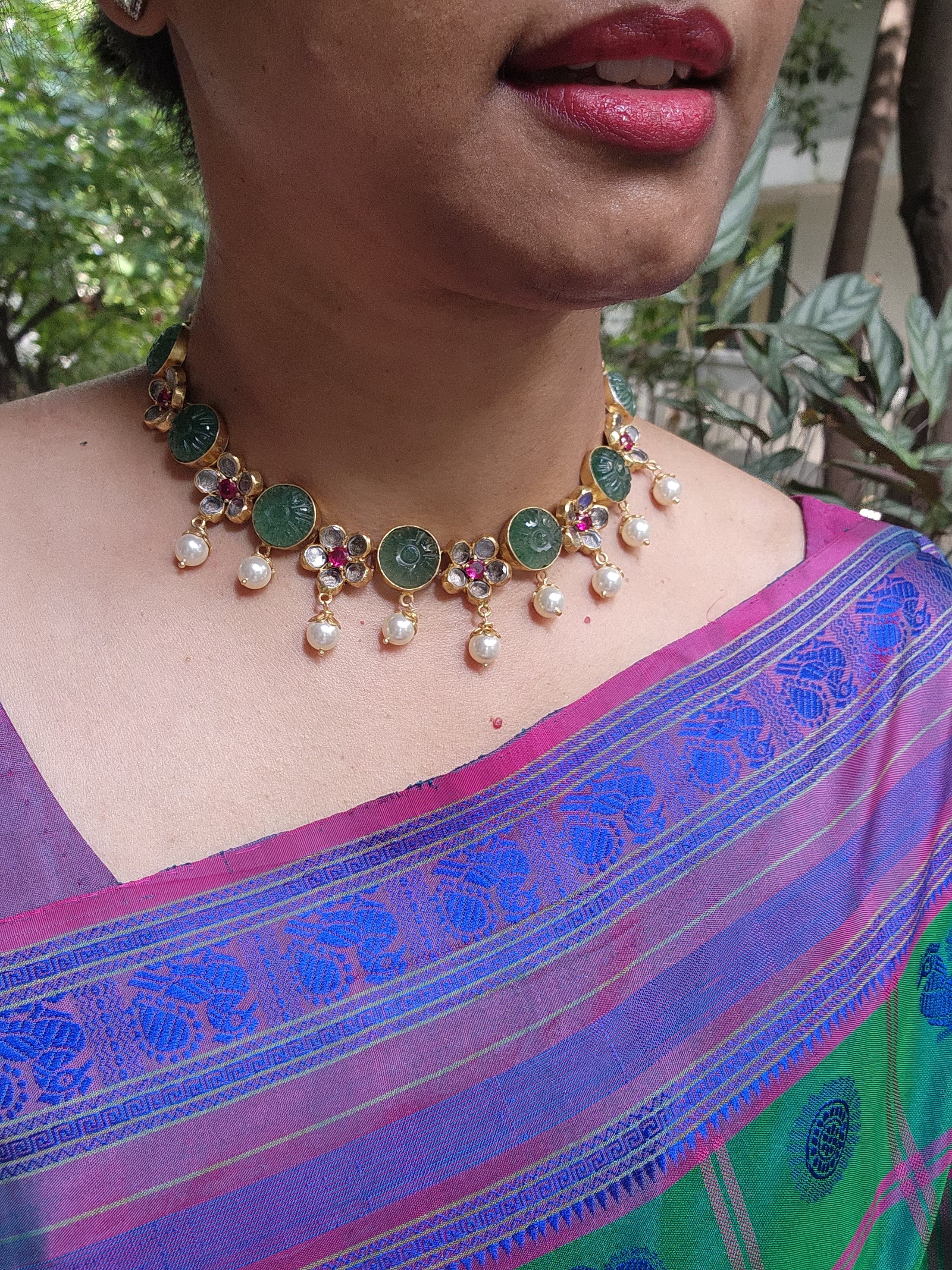 Gold polish kundan, ruby & carved green onyx stone necklace with pearls-Silver Neckpiece-CI-House of Taamara