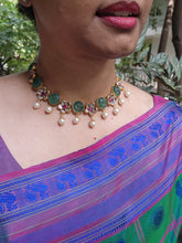 Gold polish kundan, ruby & carved green onyx stone necklace with pearls-Silver Neckpiece-CI-House of Taamara