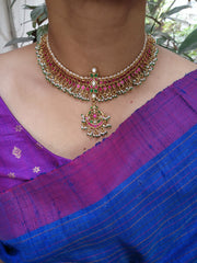 Gold polish kundan & ruby choker with pearls and green onyx beads-Silver Neckpiece-CI-House of Taamara