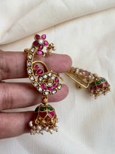 Gold polish kundan & ruby earcuff jhumkas with pearls-Earrings-CI-House of Taamara