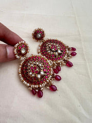 Gold polish kundan & ruby earrings with pearls and ruby beads-Earrings-CI-House of Taamara