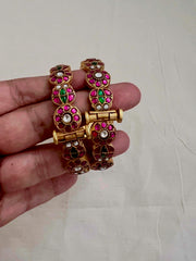 Gold polish kundan, ruby & emerald bangles, PAIR-Silver Bracelet-CI-House of Taamara
