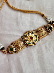 Gold polish kundan ruby & emerald choker with earrings, SET-Silver Neckpiece-CI-House of Taamara