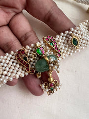 Gold polish kundan, ruby & emerald choker with pearl beaded chain-Silver Neckpiece-CI-House of Taamara