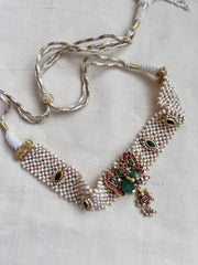 Gold polish kundan, ruby & emerald choker with pearl beaded chain-Silver Neckpiece-CI-House of Taamara