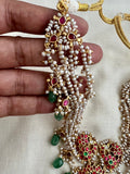 Gold polish kundan, ruby & emerald choker with pearl bunch & jade beads-Silver Neckpiece-CI-House of Taamara