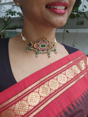 Gold polish kundan, ruby & emerald choker with pearls and jade beads-Silver Neckpiece-CI-House of Taamara