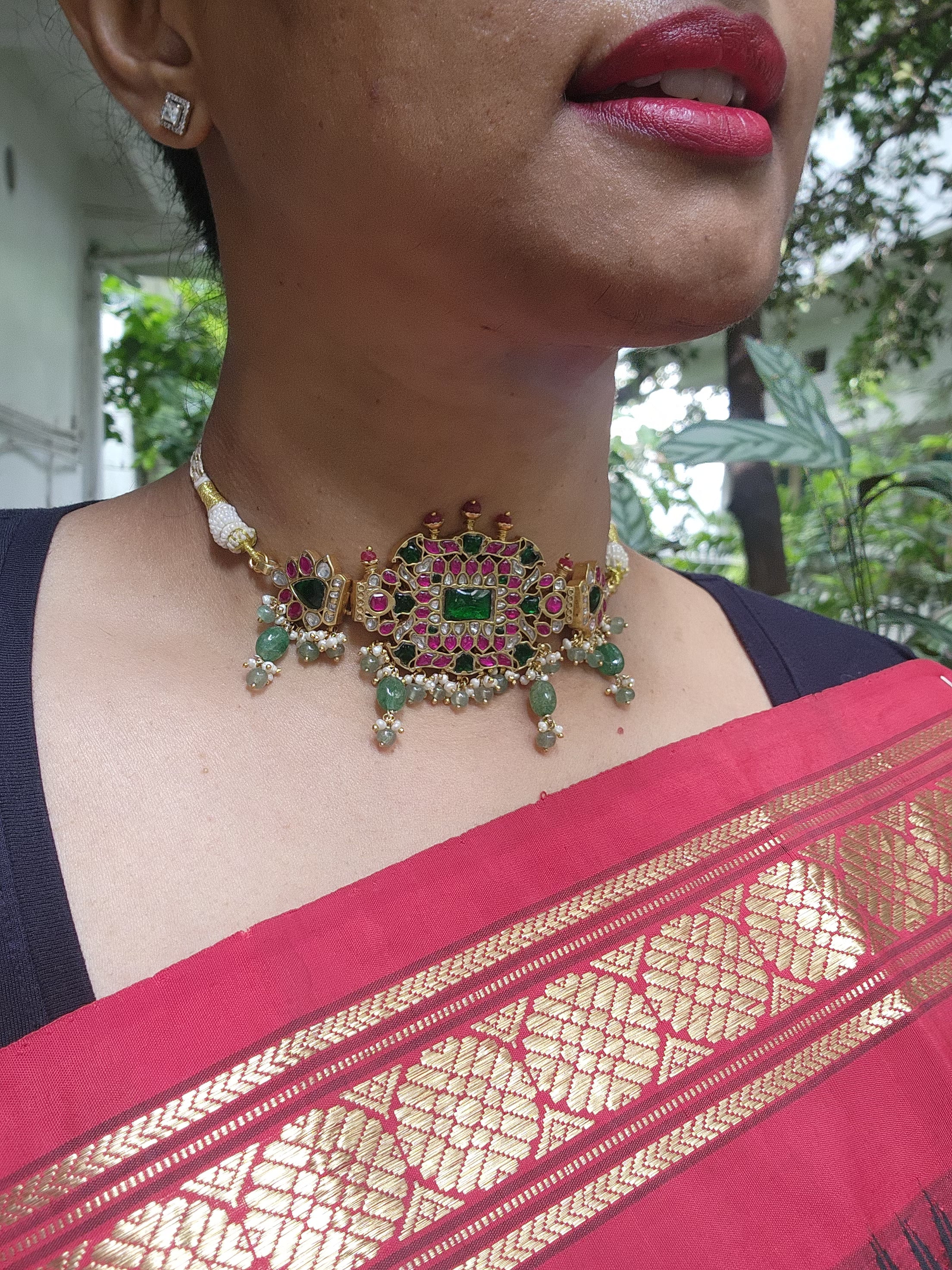 Gold polish kundan, ruby & emerald choker with pearls and jade beads-Silver Neckpiece-CI-House of Taamara