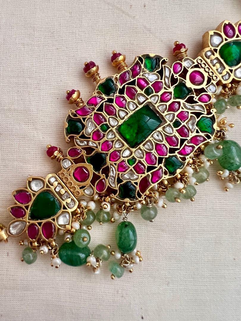 Gold polish kundan, ruby & emerald choker with pearls and jade beads-Silver Neckpiece-CI-House of Taamara