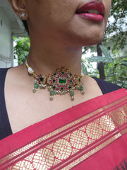 Gold polish kundan, ruby & emerald choker with pearls and jade beads-Silver Neckpiece-CI-House of Taamara