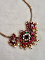 Gold polish kundan, ruby & emerald choker with pearls & gold polish beads-Silver Neckpiece-CI-House of Taamara