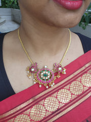 Gold polish kundan, ruby & emerald choker with pearls & gold polish beads-Silver Neckpiece-CI-House of Taamara