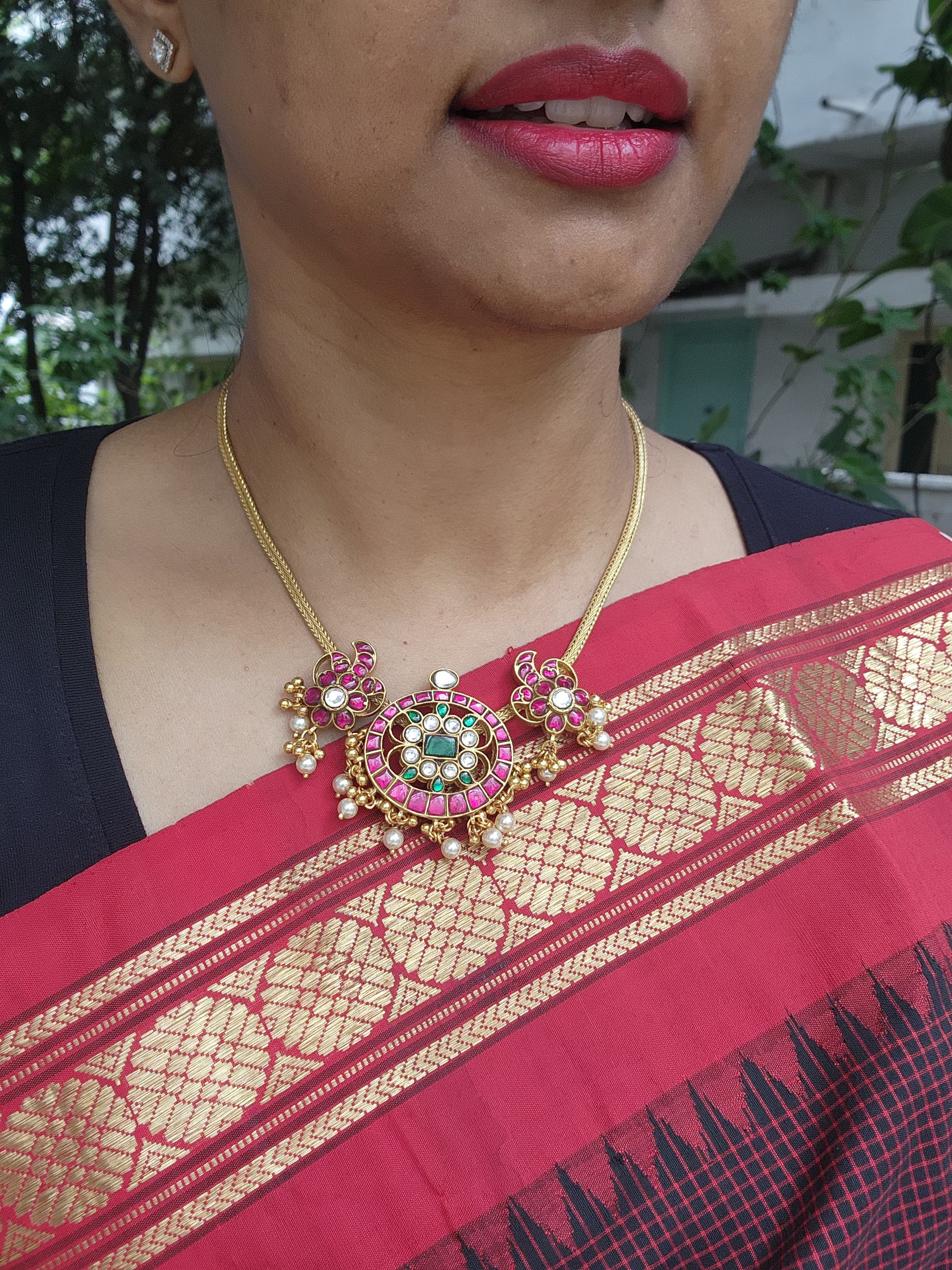 Gold polish kundan, ruby & emerald choker with pearls & gold polish beads-Silver Neckpiece-CI-House of Taamara