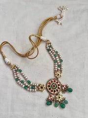 Gold polish kundan, ruby & emerald choker with pearls & jade beads-Silver Neckpiece-CI-House of Taamara