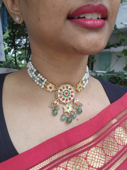 Gold polish kundan, ruby & emerald choker with pearls & jade beads-Silver Neckpiece-CI-House of Taamara