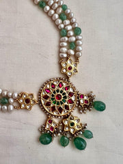 Gold polish kundan, ruby & emerald choker with pearls & jade beads-Silver Neckpiece-CI-House of Taamara