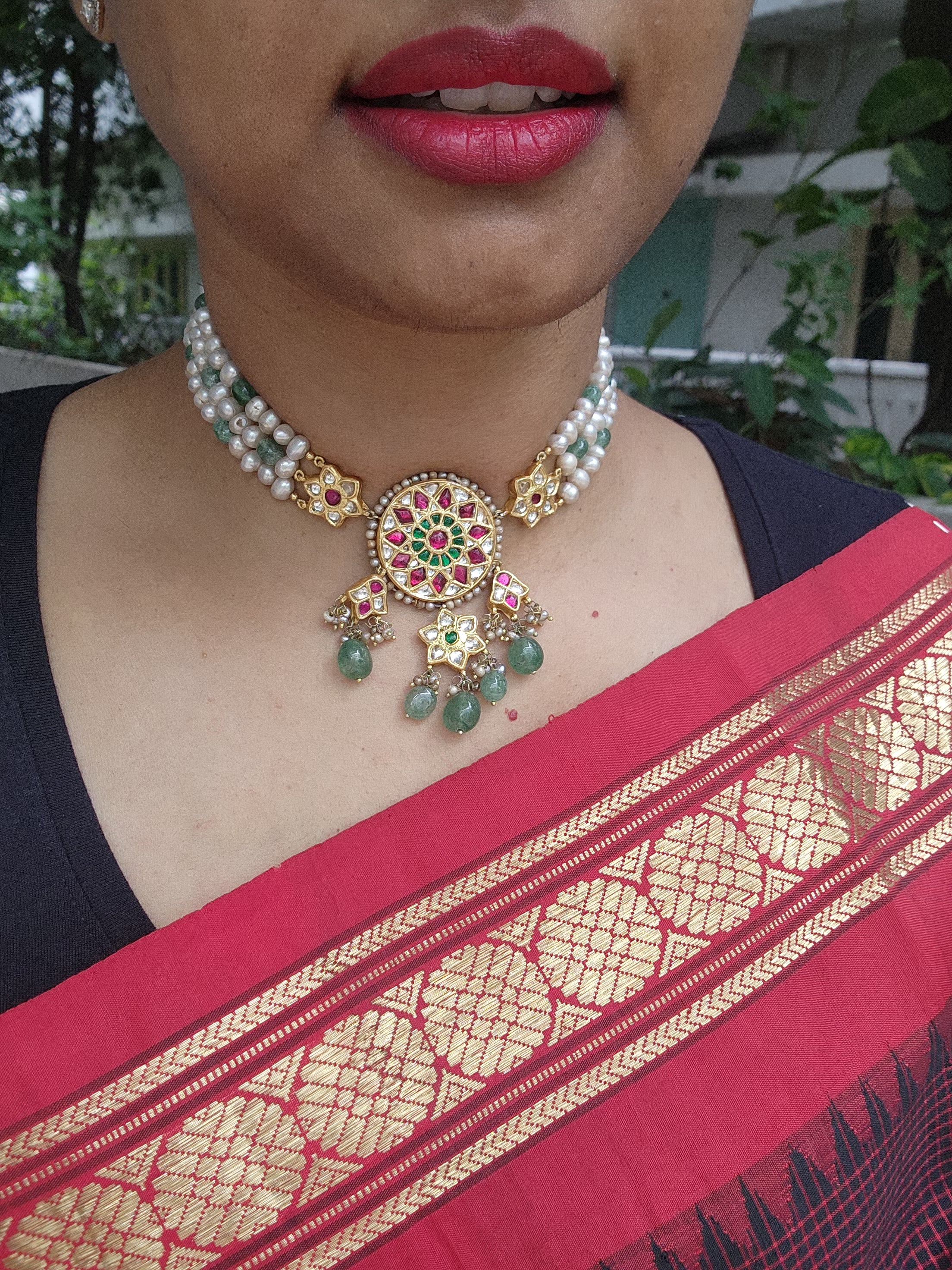 Gold polish kundan, ruby & emerald choker with pearls & jade beads-Silver Neckpiece-CI-House of Taamara
