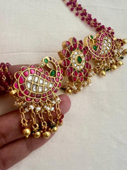 Gold polish kundan, ruby & emerald choker with ruby beads chain-Silver Neckpiece-CI-House of Taamara