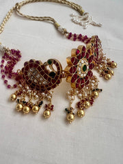 Gold polish kundan, ruby & emerald choker with ruby beads chain-Silver Neckpiece-CI-House of Taamara