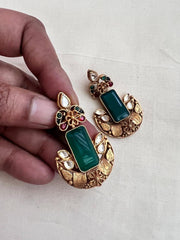Gold polish kundan, ruby & emerald doublet earrings-Earrings-CI-House of Taamara