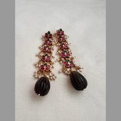 Gold polish kundan, ruby & emerald earrings with pearls-Earrings-CI-House of Taamara