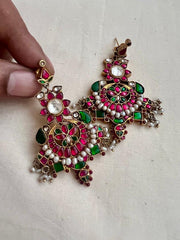 Gold polish kundan, ruby & emerald earrings with pearls-Earrings-CI-House of Taamara