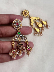 Gold polish kundan, ruby & emerald earrings with pearls-Earrings-CI-House of Taamara