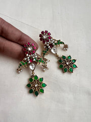 Gold polish kundan, ruby & emerald earrings with pearls-Earrings-CI-House of Taamara
