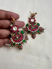 Gold polish kundan, ruby & emerald earrings with pearls-Earrings-CI-House of Taamara