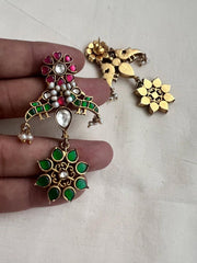 Gold polish kundan, ruby & emerald earrings with pearls-Earrings-CI-House of Taamara